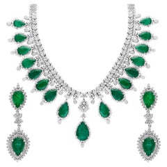 73ct Zambian Emerald and 22ct Diamond Necklace and Earring Bridal Suite