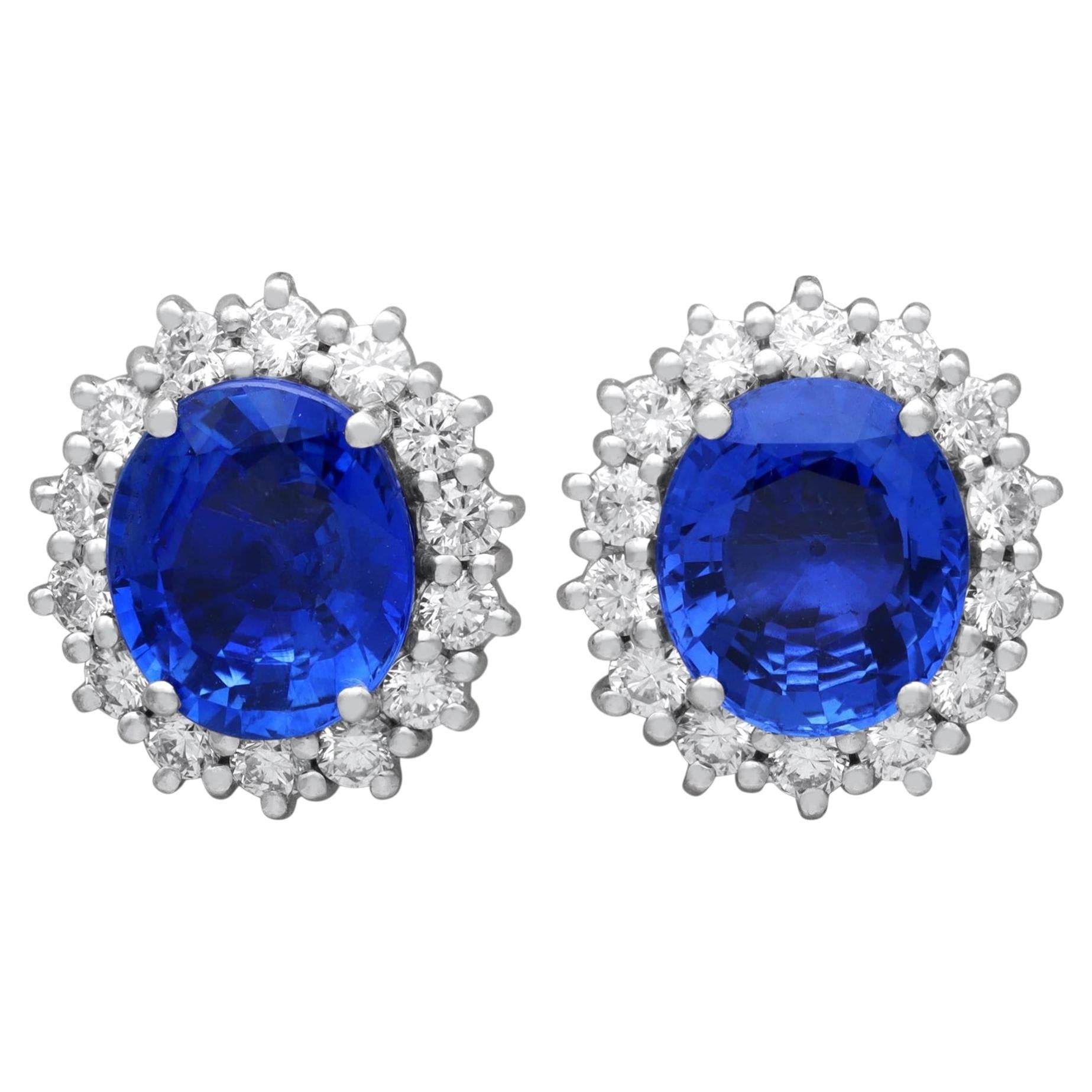 7.30 Carat Blue Ceylon Sapphire and 1.12 Carat Diamond 18k White Gold Earrings