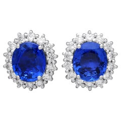 7.30 Carat Blue Ceylon Sapphire and 1.12 Carat Diamond 18k White Gold Earrings