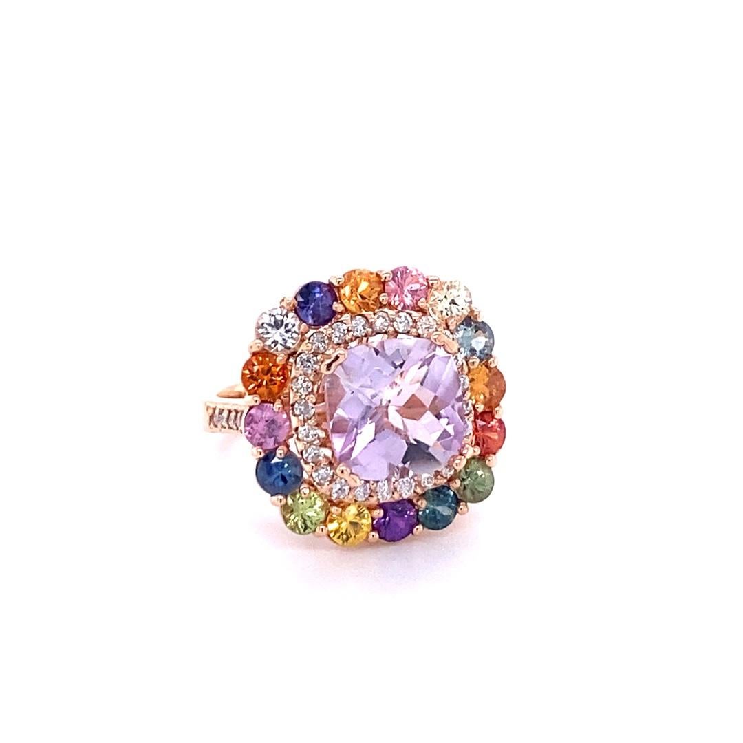 Contemporary 7.30 Carat Cushion Cut Amethyst Sapphire Diamond 14K Rose Gold Cocktail Ring