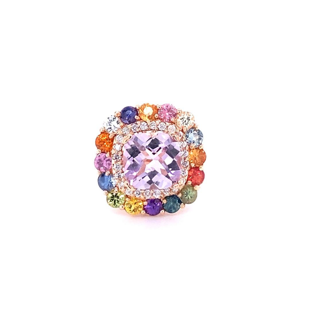 7.30 Carat Cushion Cut Amethyst Sapphire Diamond 14K Rose Gold Cocktail Ring In New Condition In Los Angeles, CA