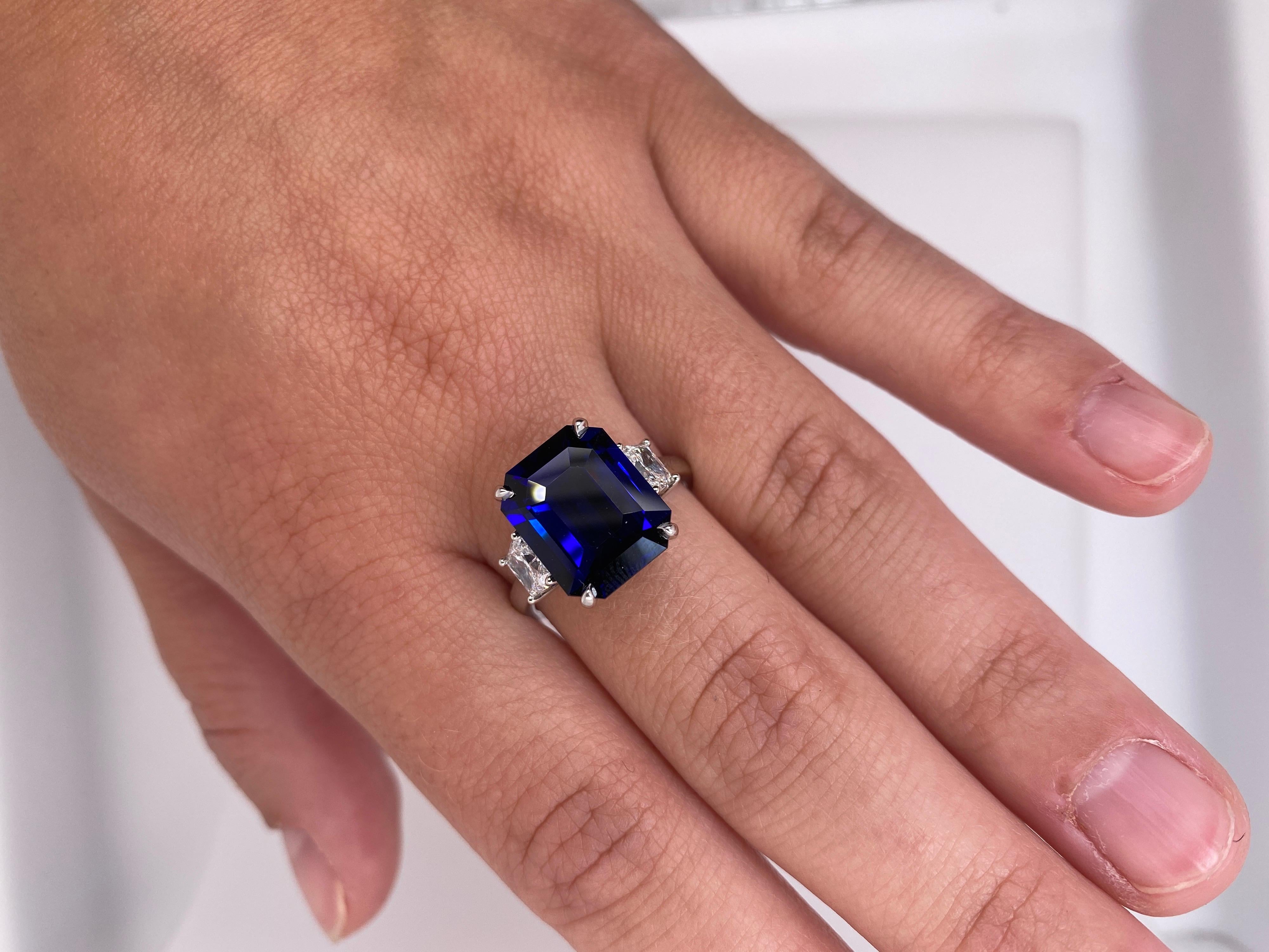 Women's 7.30 Carat Emerald Cut Blue Sapphire and Diamond Ring