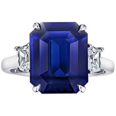 7.30 Carat Emerald Cut Blue Sapphire and Diamond Ring