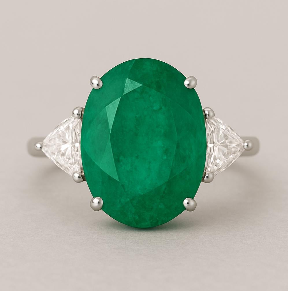 Exceptional 10.39 Carat Zambian Emerald and Trillion Diamond Platinum Ring

A striking statement of timeless elegance, this remarkable three-stone ring features a captivating 10.39 carat octagonal-cut natural emerald of Zambian origin, certified by