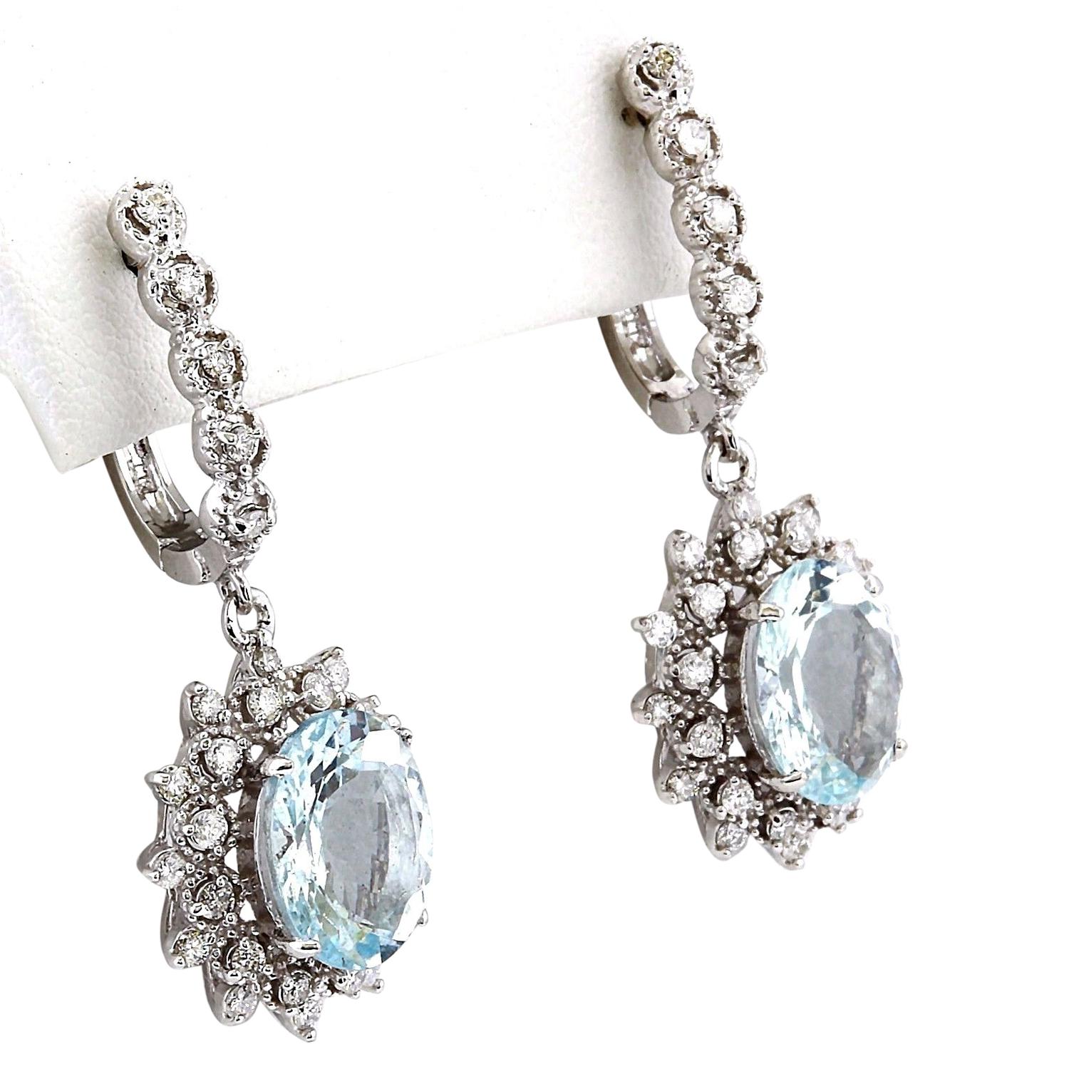 Oval Cut Natural Aquamarine Diamond Earrings In 14 Karat Solid White Gold  For Sale
