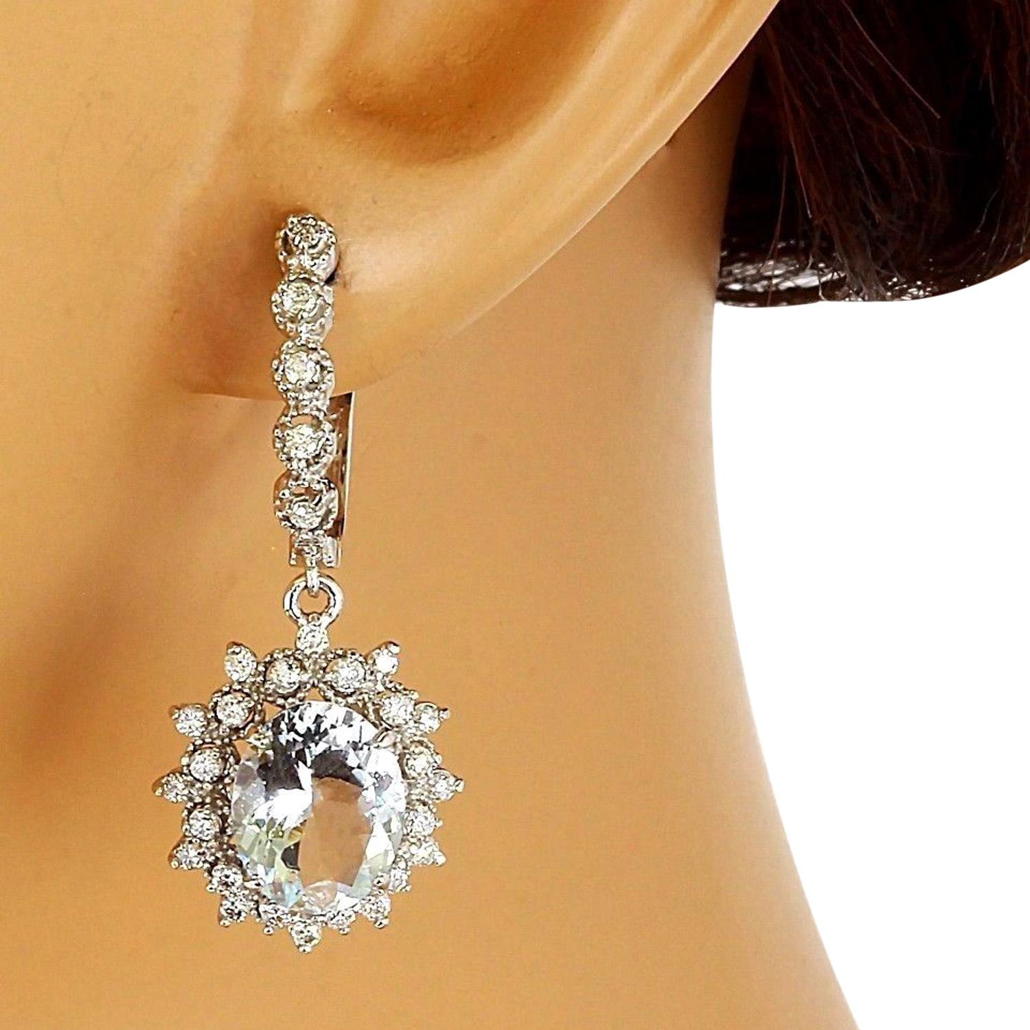 Women's Natural Aquamarine Diamond Earrings In 14 Karat Solid White Gold  For Sale