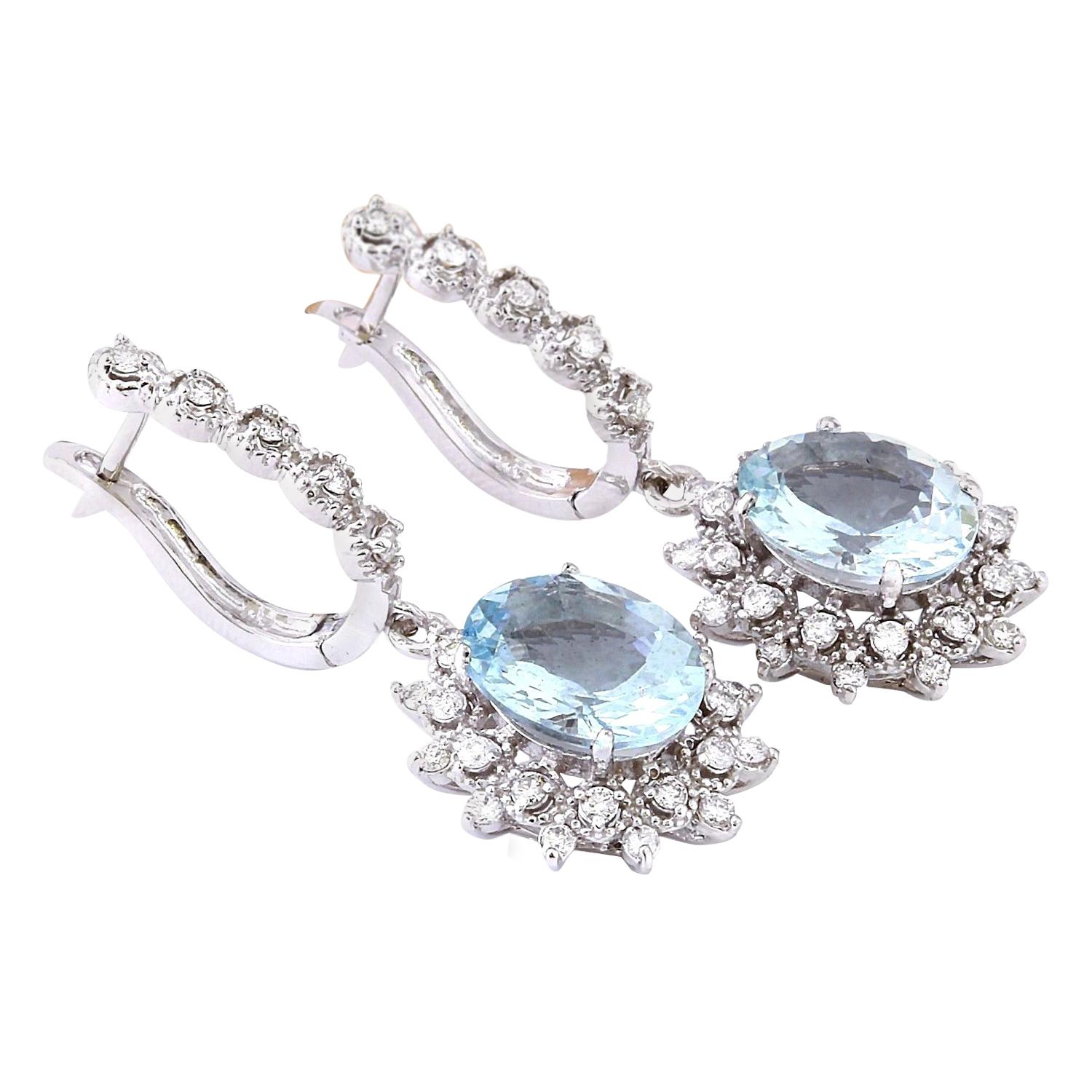 Natural Aquamarine Diamond Earrings In 14 Karat Solid White Gold  For Sale