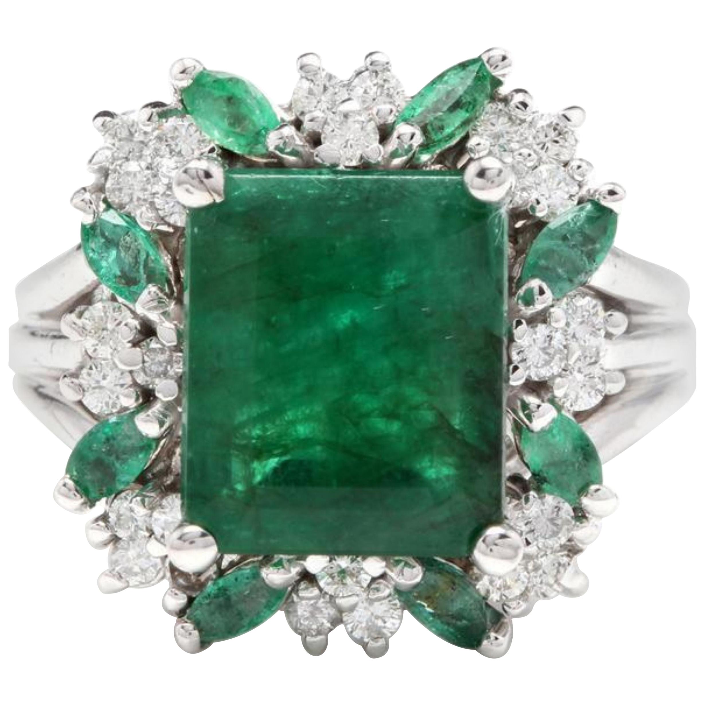 7.30 Carat Natural Emerald and Diamond 14 Karat Solid White Gold Ring For Sale