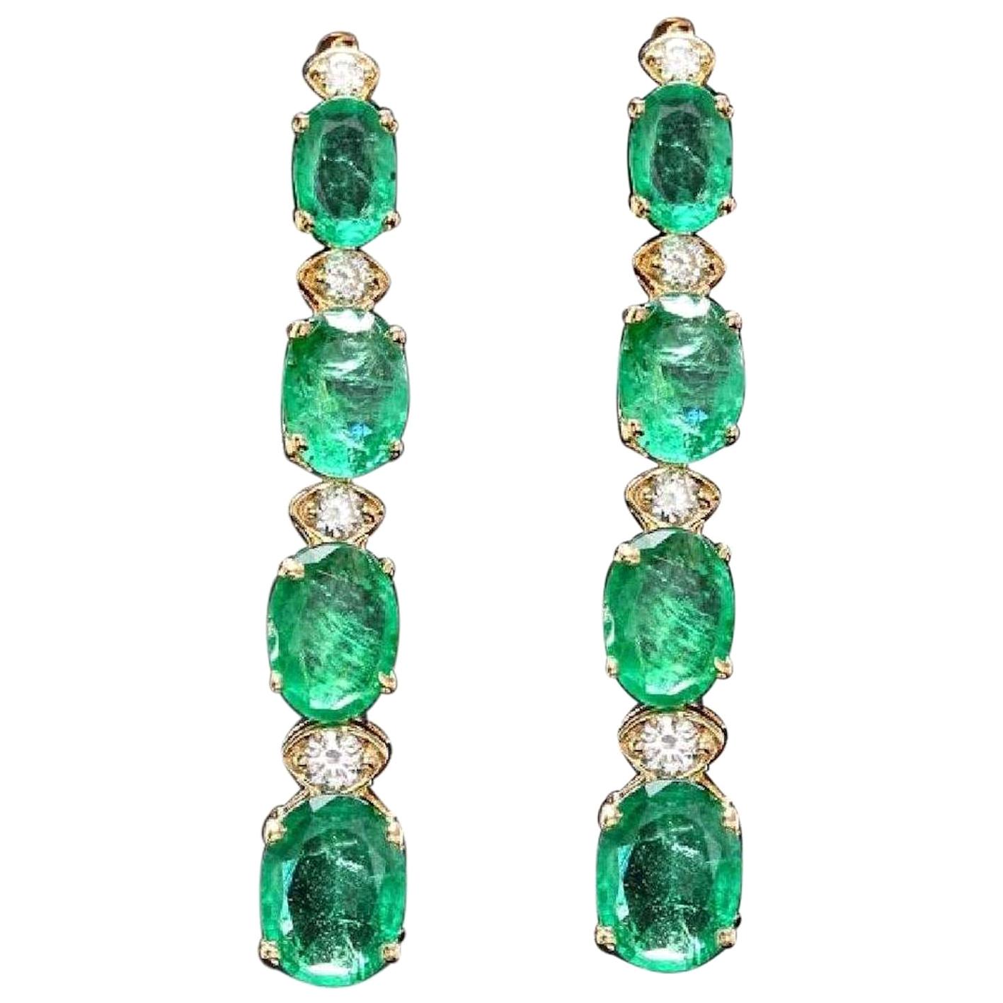 7.30 Carat Natural Emerald and Diamond 14 Karat Solid Yellow Gold Earrings For Sale