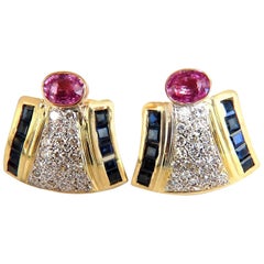 7.30 Carat Natural Pink Sapphire Diamond Clip Earrings 18 Karat Retro Prime