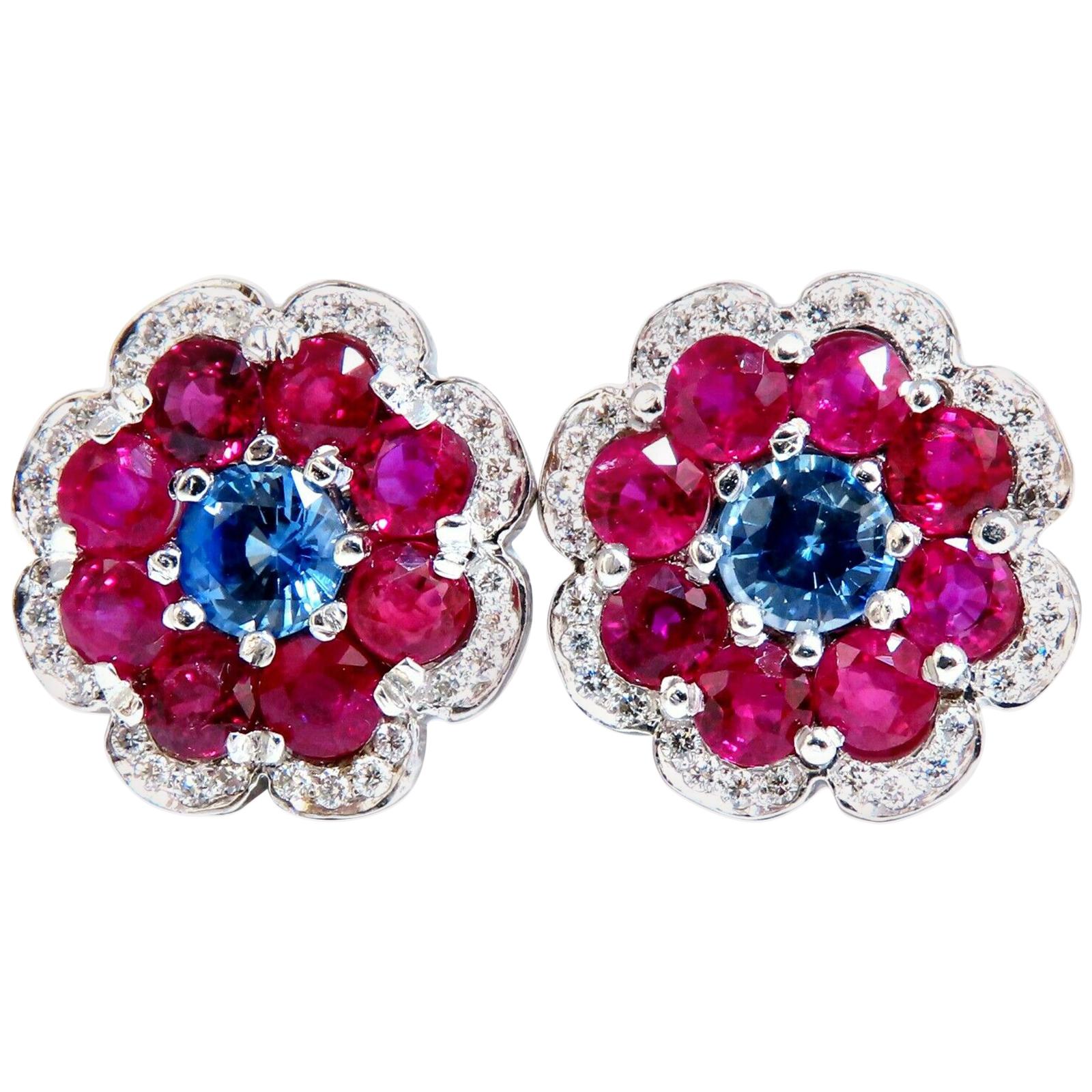 7.30 Carat Natural Ruby Sapphire Diamond Cluster Earrings 14 Karat Clip Cocktail For Sale