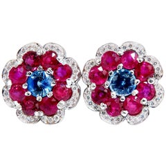 7.30 Carat Natural Ruby Sapphire Diamond Cluster Earrings 14 Karat Clip Cocktail