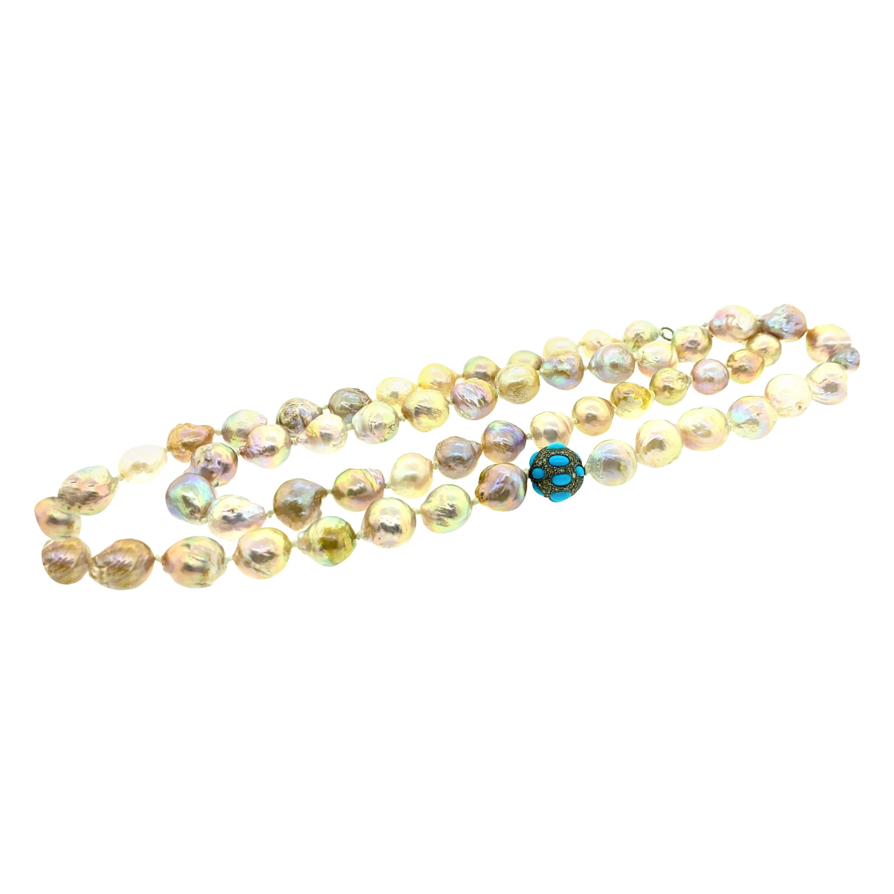 730 Carat Pearl, 2.72 Carat Turquoise, 0.86 Carat Diamond Necklace in Silver For Sale