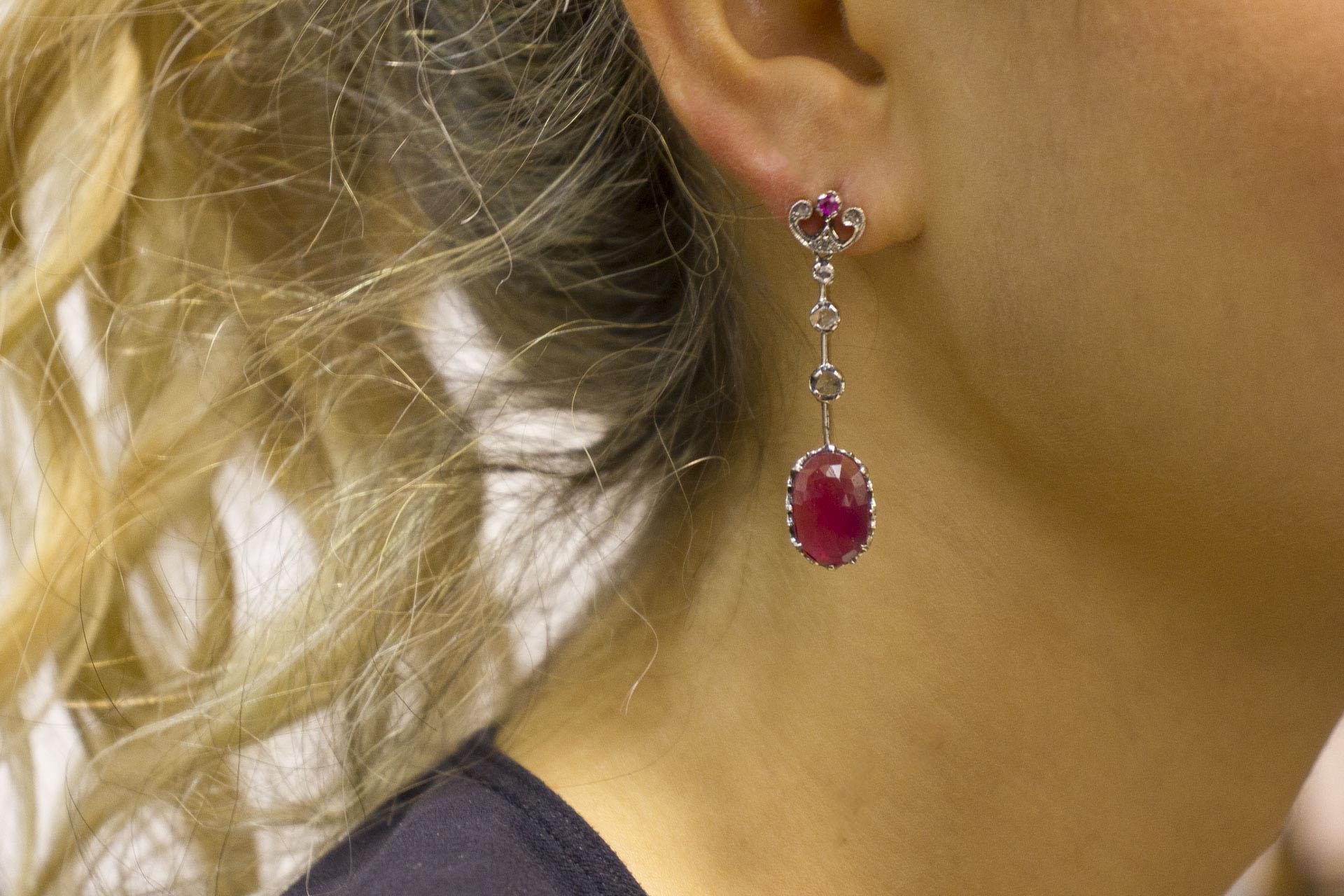 Women's 7.30 Carat Rubies Diamonds Rose Gold and Silver Dangle Earrings