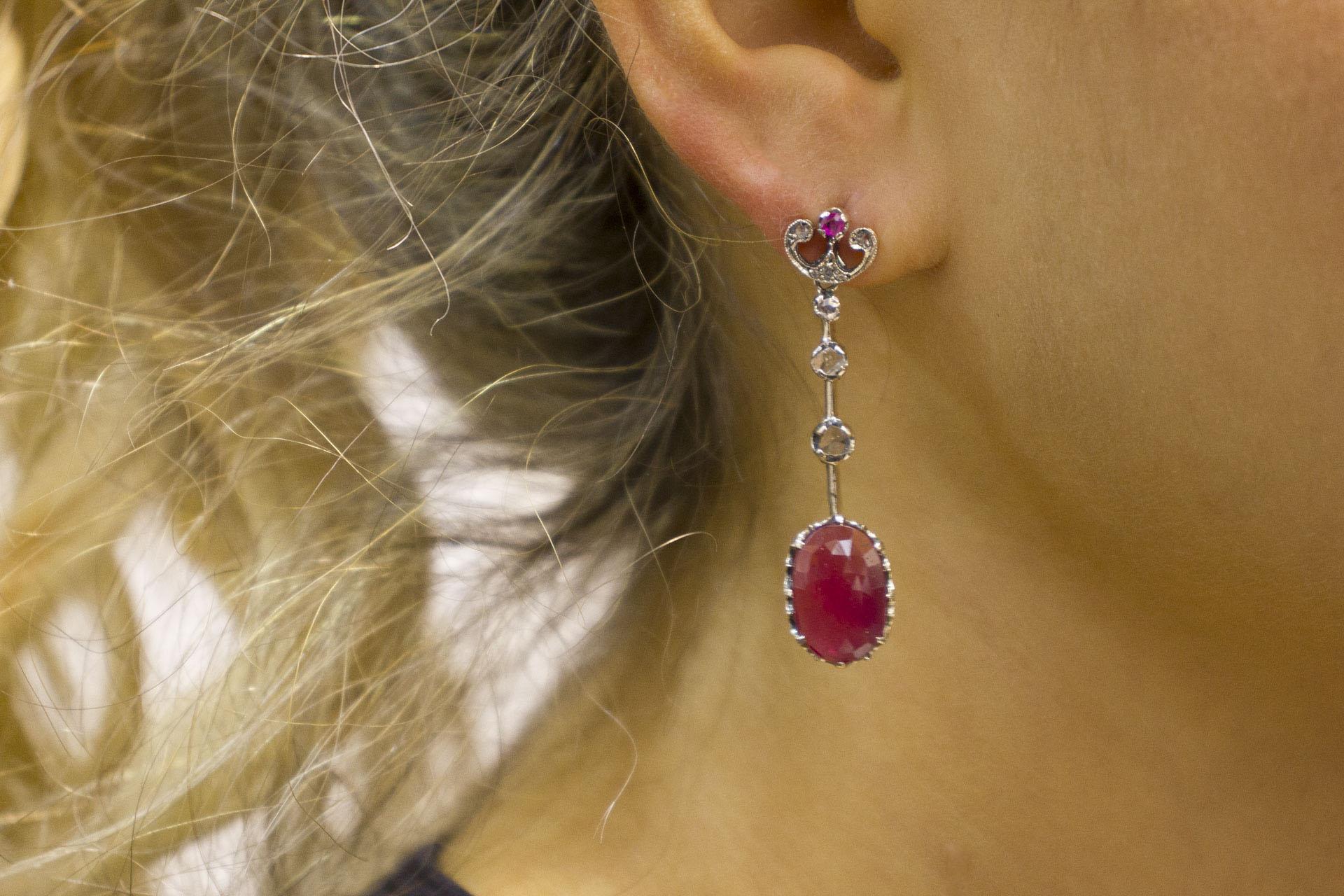 7.30 Carat Rubies Diamonds Rose Gold and Silver Dangle Earrings 1