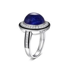7.30 Carat Tanzanite Cabochon Diamond Enamel Ring in 18 Karat White Gold