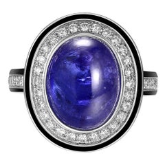 7.30 Carat Tanzanite Cabochon Diamond Enamel Ring in 18 Karat White Gold