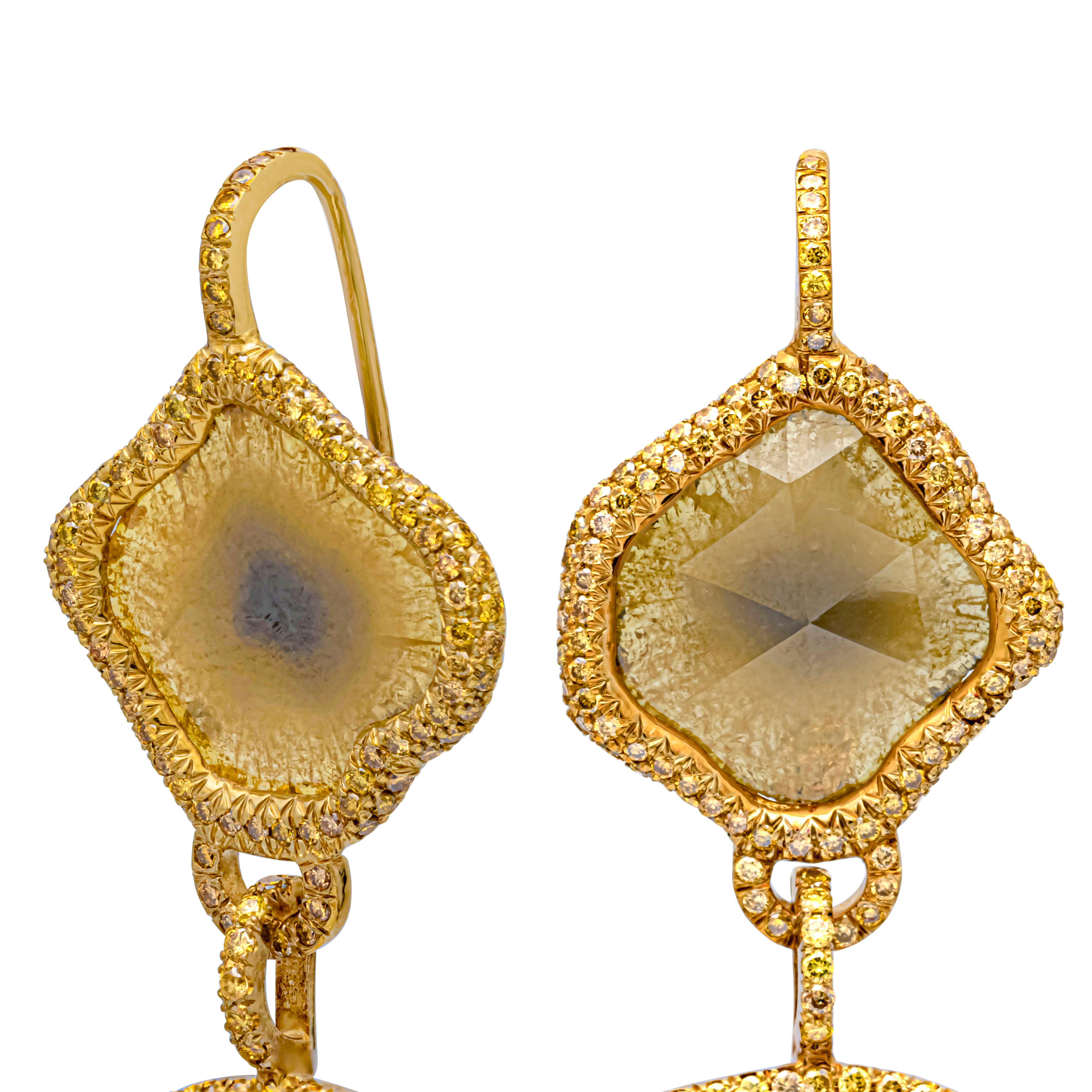Contemporary 7.30 Carat Total Yellow Brown Sliced Diamond & Yellowish Diamond Dangle Earrings For Sale