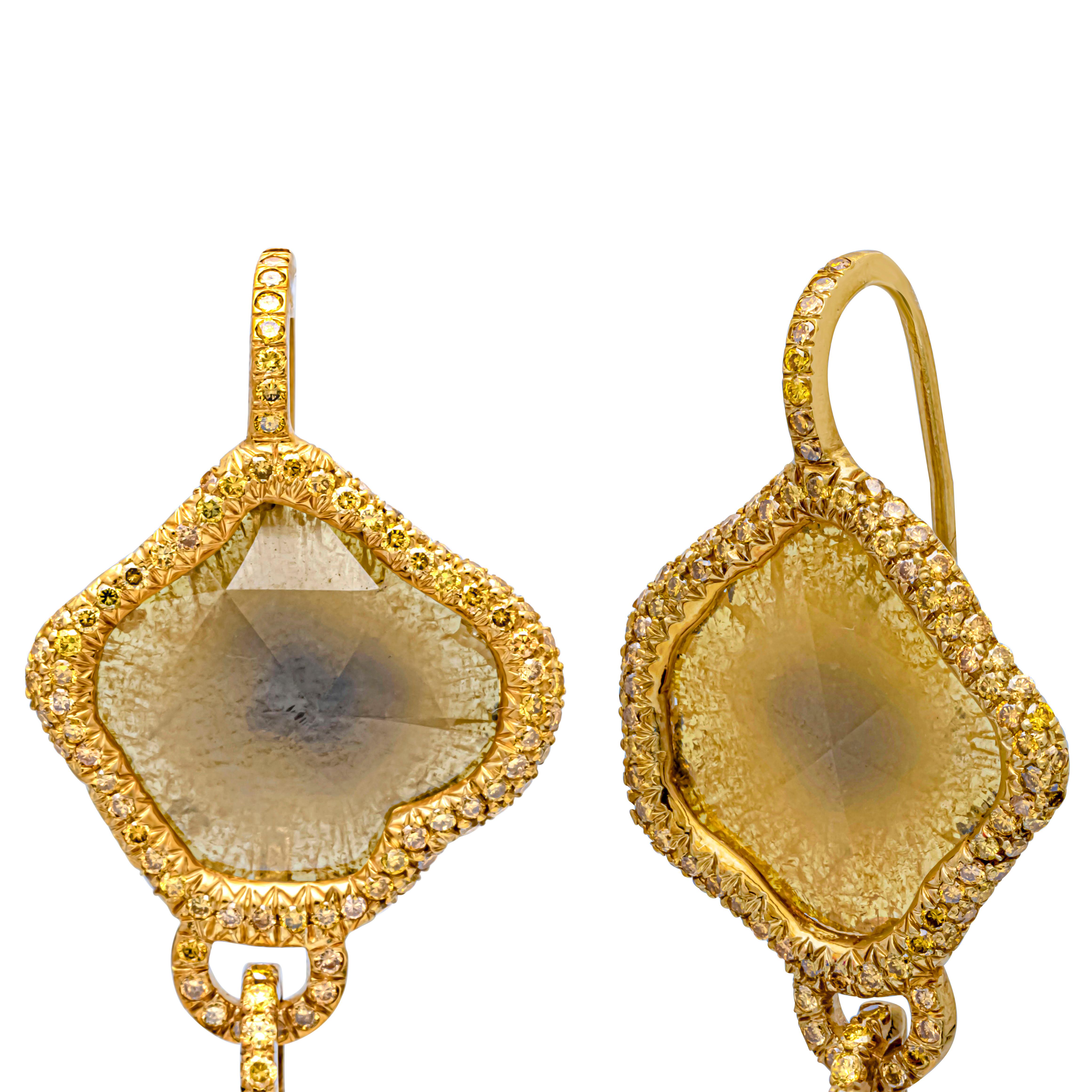 Round Cut 7.30 Carat Total Yellow Brown Sliced Diamond & Yellowish Diamond Dangle Earrings For Sale