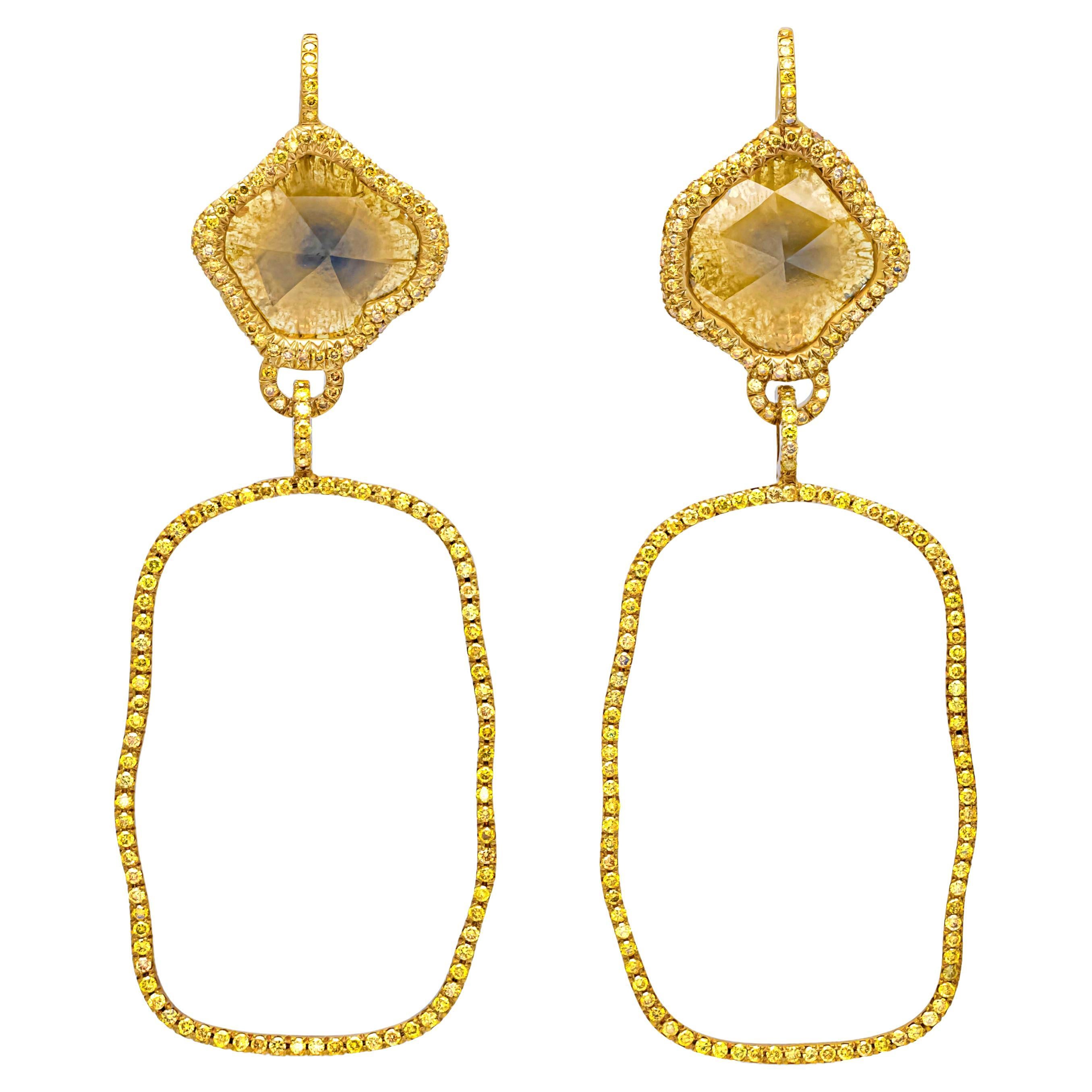 7.30 Carat Total Yellow Brown Sliced Diamond & Yellowish Diamond Dangle Earrings For Sale