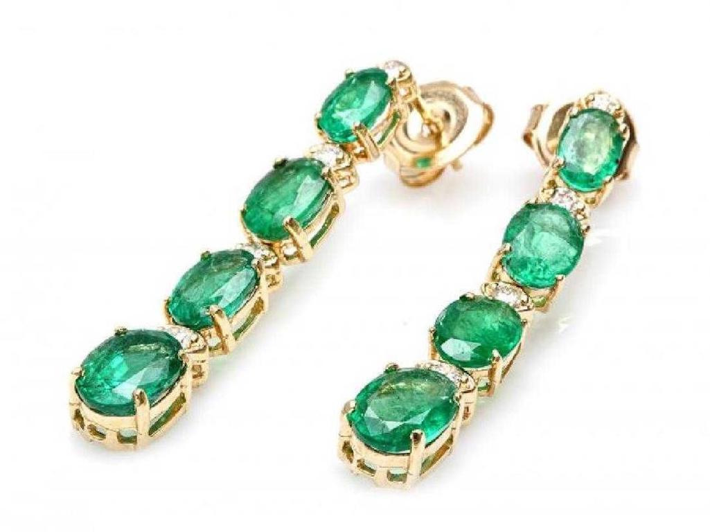 Oval Cut 7.30 Carat Natural Emerald and Diamond 14 Karat Solid Yellow Gold Earrings For Sale