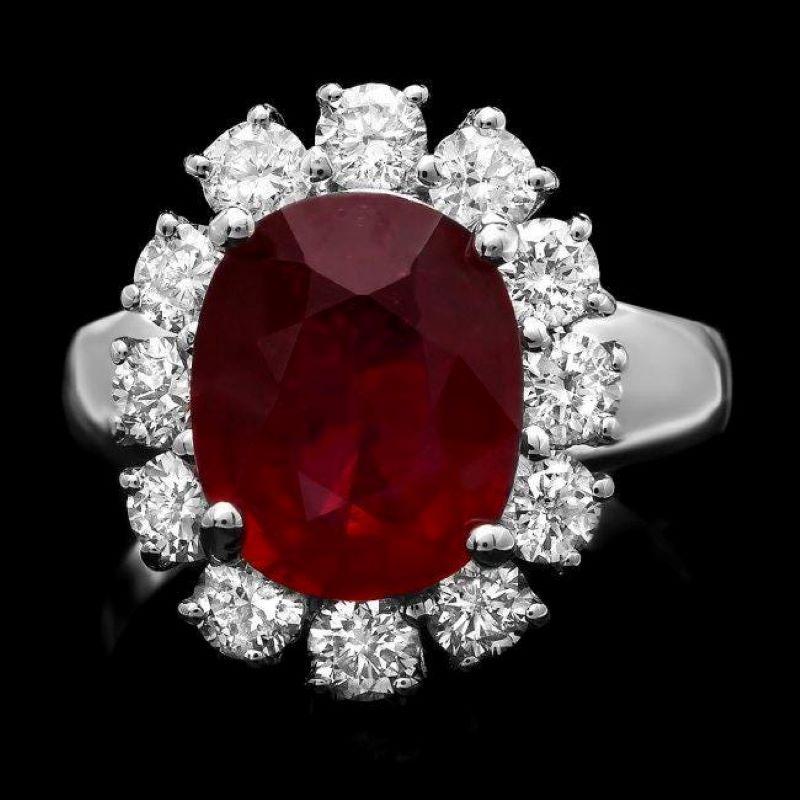 Mixed Cut 7.30 Carats Natural Red Ruby and Diamond 14K Solid White Gold Ring For Sale