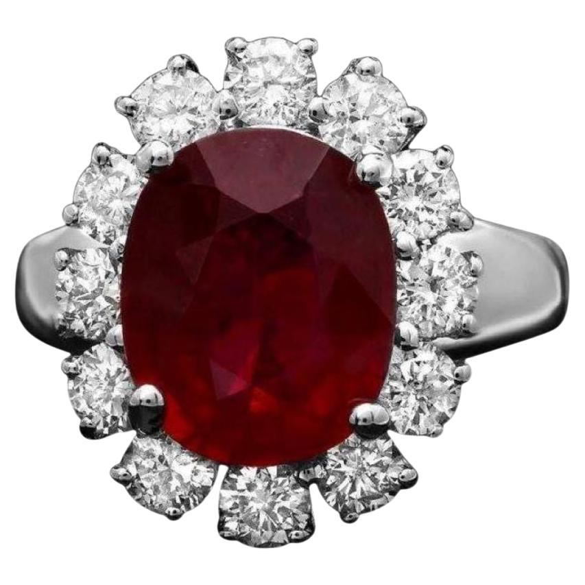 7.30 Carats Natural Red Ruby and Diamond 14K Solid White Gold Ring For Sale