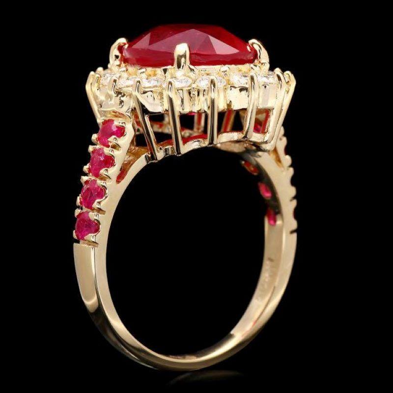 7.30 Carats Natural Red Ruby and Diamond 14K Solid Yellow Gold Ring

Total Red Ruby Weight is: Approx. 6.60 Carats

Ruby Measures: Approx. 11.00 x 9.00mm

Ruby treatment: Fracture Filling

Natural Round Diamonds Weight: Approx. 0.70 Carats (color