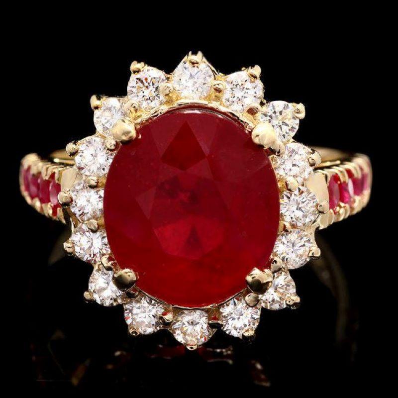 Mixed Cut 7.30 Carats Natural Red Ruby and Diamond 14K Solid Yellow Gold Ring For Sale
