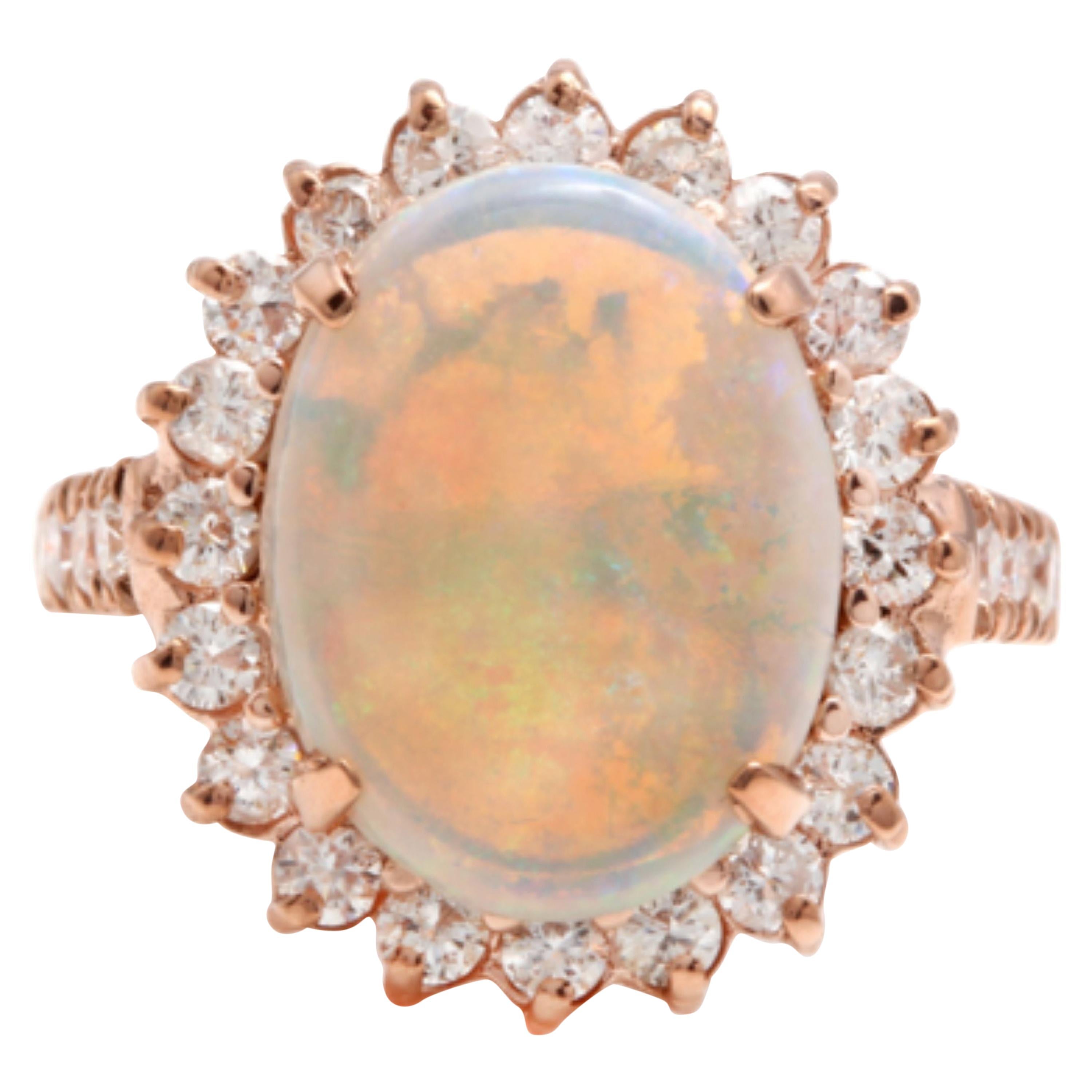 7.30 Ct Natural Impressive Australian Opal and Diamond 14 Karat Solid Gold Ring For Sale