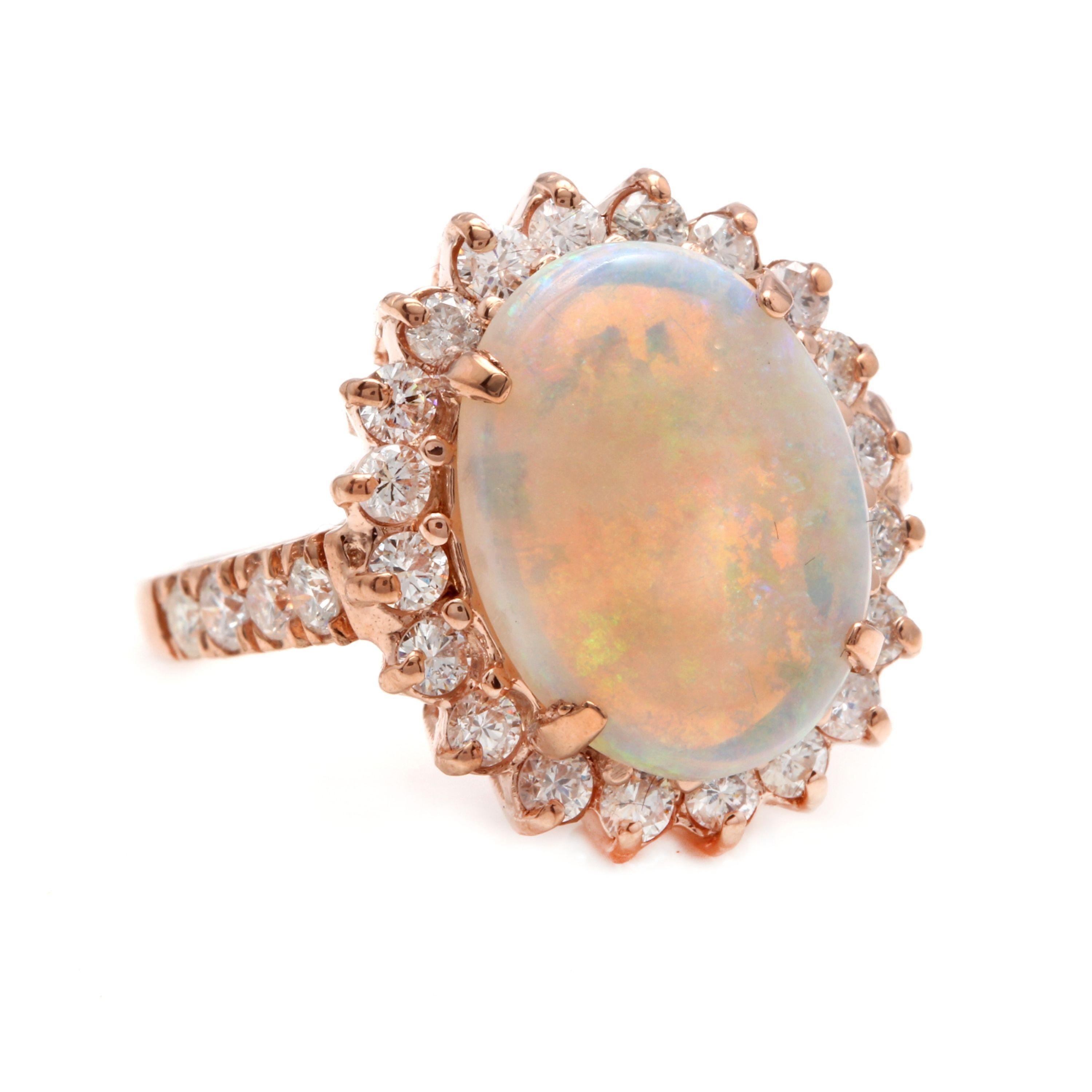 7.30 Carats Natural Impressive Australian Opal and Diamond 14K Solid Rose Gold Ring

Amazing play of colors opal. Pictures don't show the beauty of the opal.

Total Natural Opal Weight is: Approx. 6.00 Carats

Opal Measures: Approx. 15.00 x