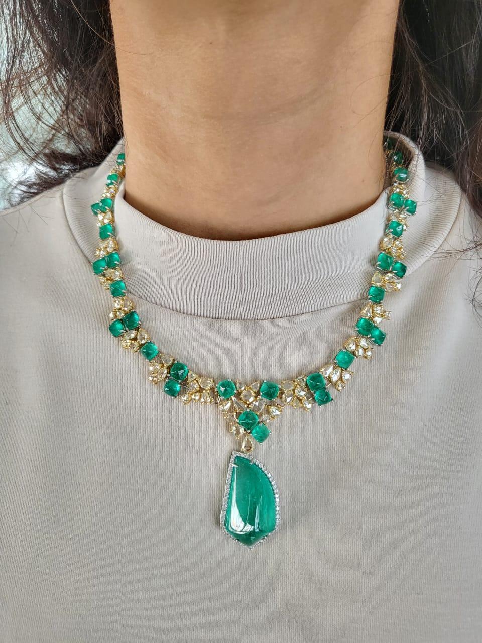 Artisan 73.04 Carats Columbian Emerald Sugarloafs & Yellow Diamonds Choker Drop Necklace