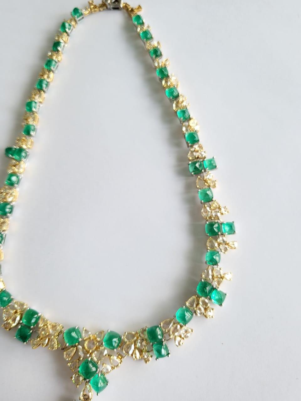 Sugarloaf Cabochon 73.04 Carats Columbian Emerald Sugarloafs & Yellow Diamonds Choker Drop Necklace