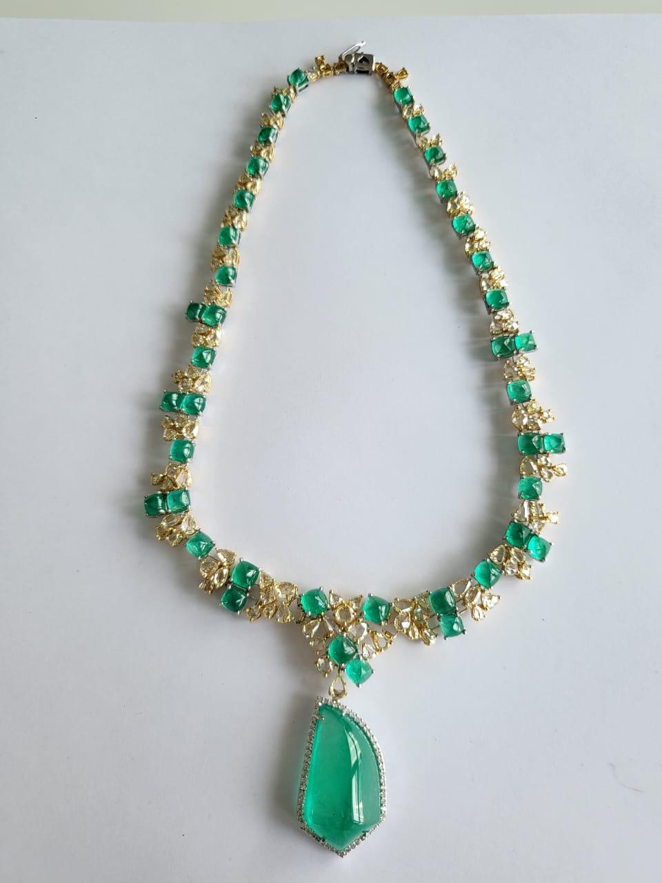 Women's or Men's 73.04 Carats Columbian Emerald Sugarloafs & Yellow Diamonds Choker Drop Necklace