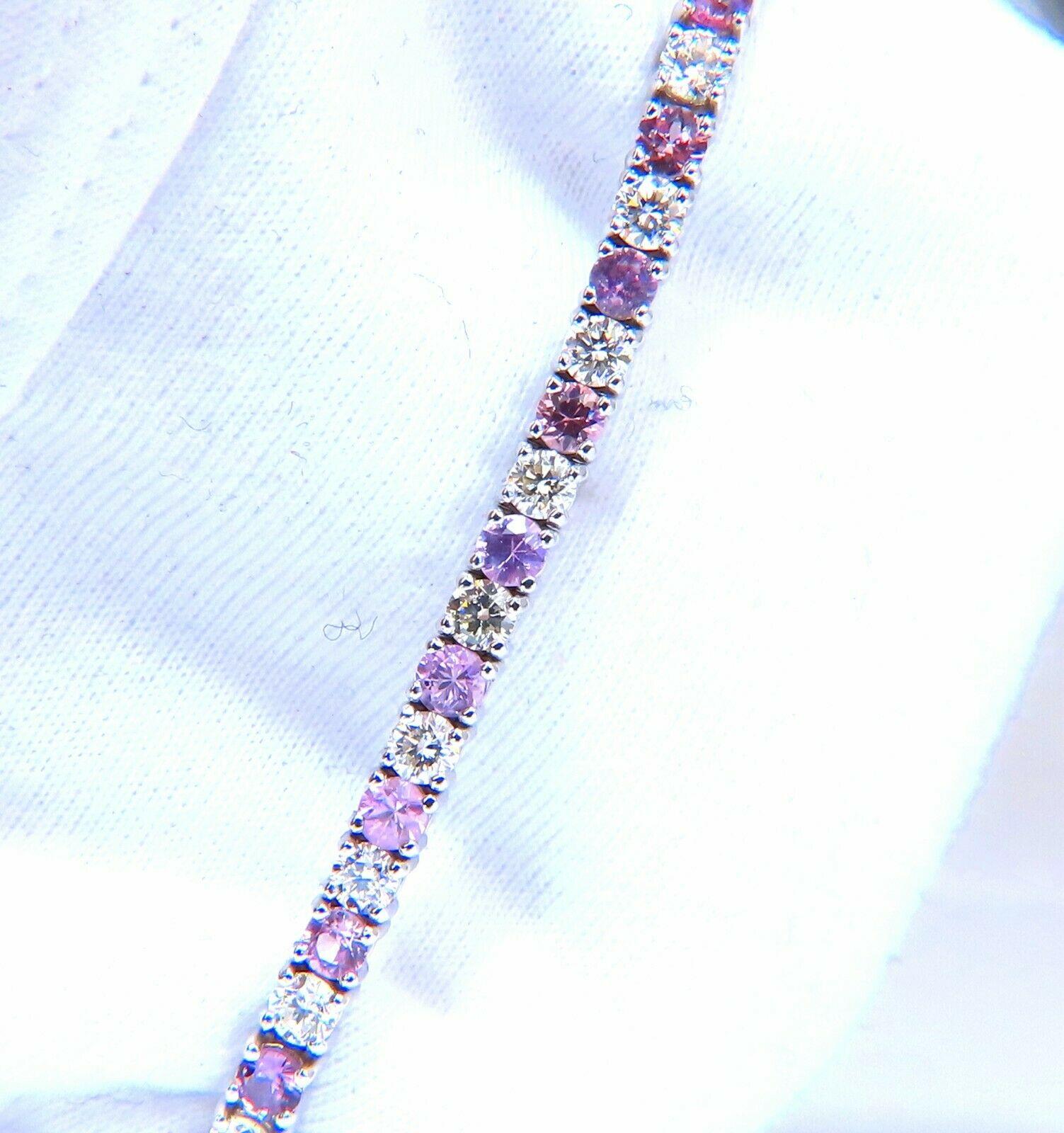 Taille ronde Bracelet tennis en or 14 carats avec diamants et saphir rose naturel de 7,30 carats en vente