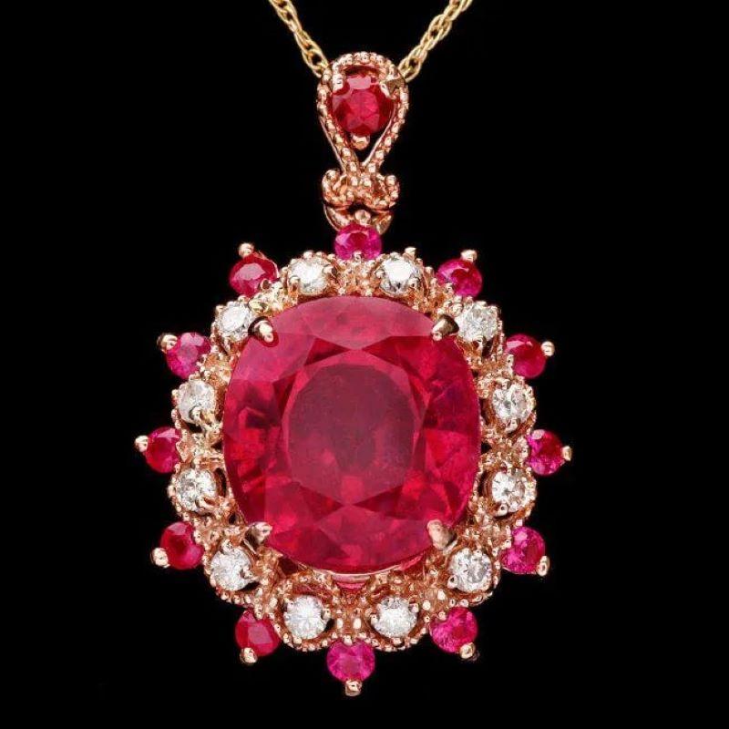 7.30Ct Natural Red Ruby and Diamond 14K Solid Rose Gold Pendant

Natural Red Ruby Weight is: Approx. 7.10 Carats 

Red Ruby Measures: 12 x 10 mm (1 oval)

Red Ruby Measures: 1.8 - 2.3 mm (13 round)

Ruby Treatment: Fracture Filling

Total Natural