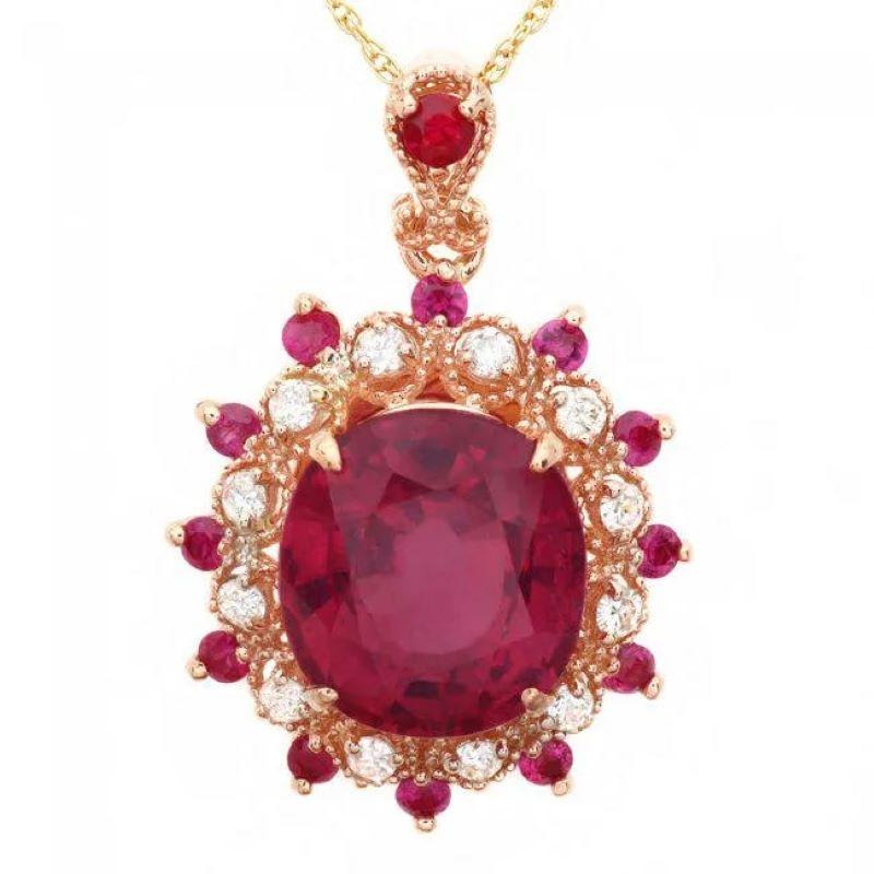 Mixed Cut 7.30Ct Natural Red Ruby and Diamond 14K Solid Rose Gold Pendant For Sale