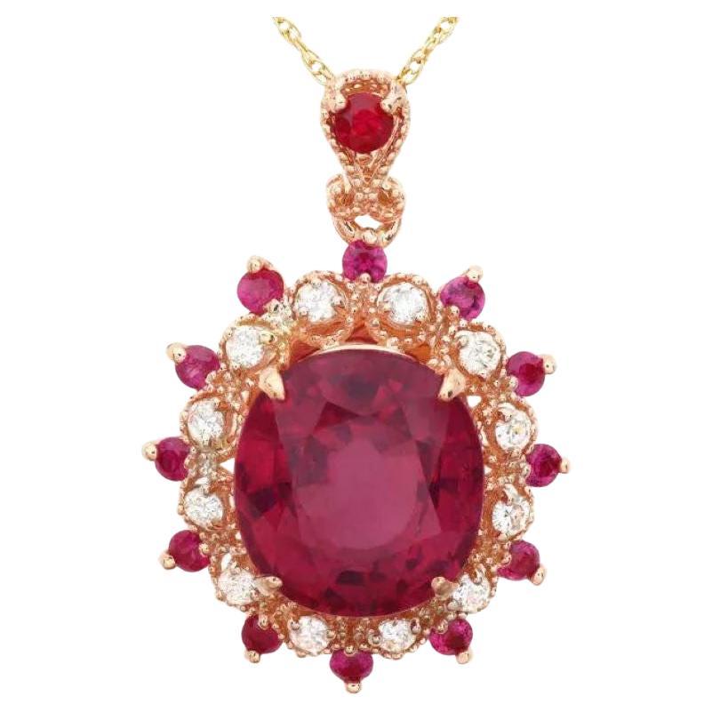7.30Ct Natural Red Ruby and Diamond 14K Solid Rose Gold Pendant