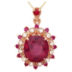 Pendentif en or rose massif 14 carats avec rubis rouge naturel de 7,30 carats et diamants
