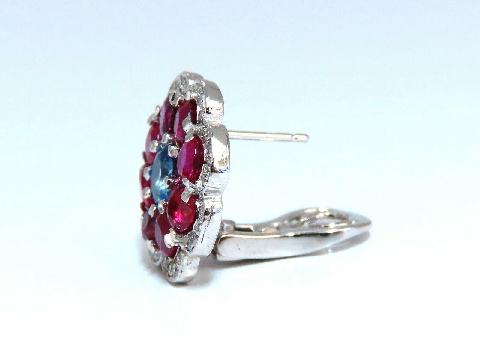 7.30 Carat Natural Ruby Sapphire Diamond Cluster Earrings 14 Karat Clip Cocktail In New Condition For Sale In New York, NY