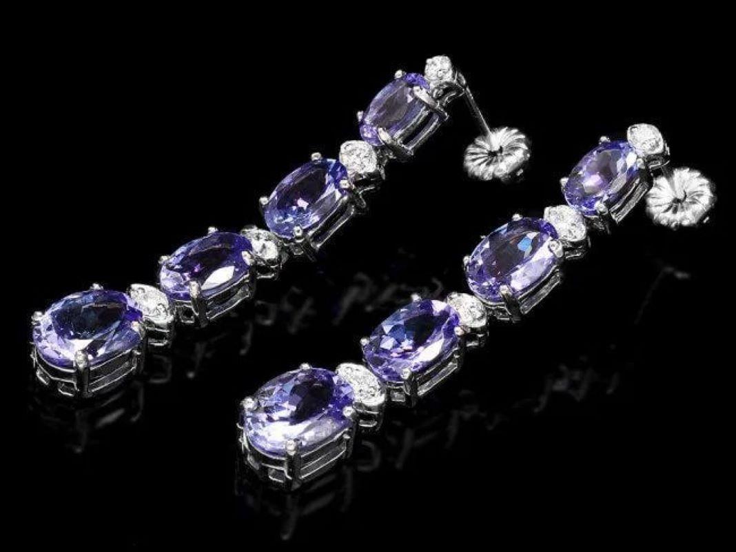 Mixed Cut 7.30ct Natural Tanzanite and Diamond 14K Solid White Gold Earrings For Sale