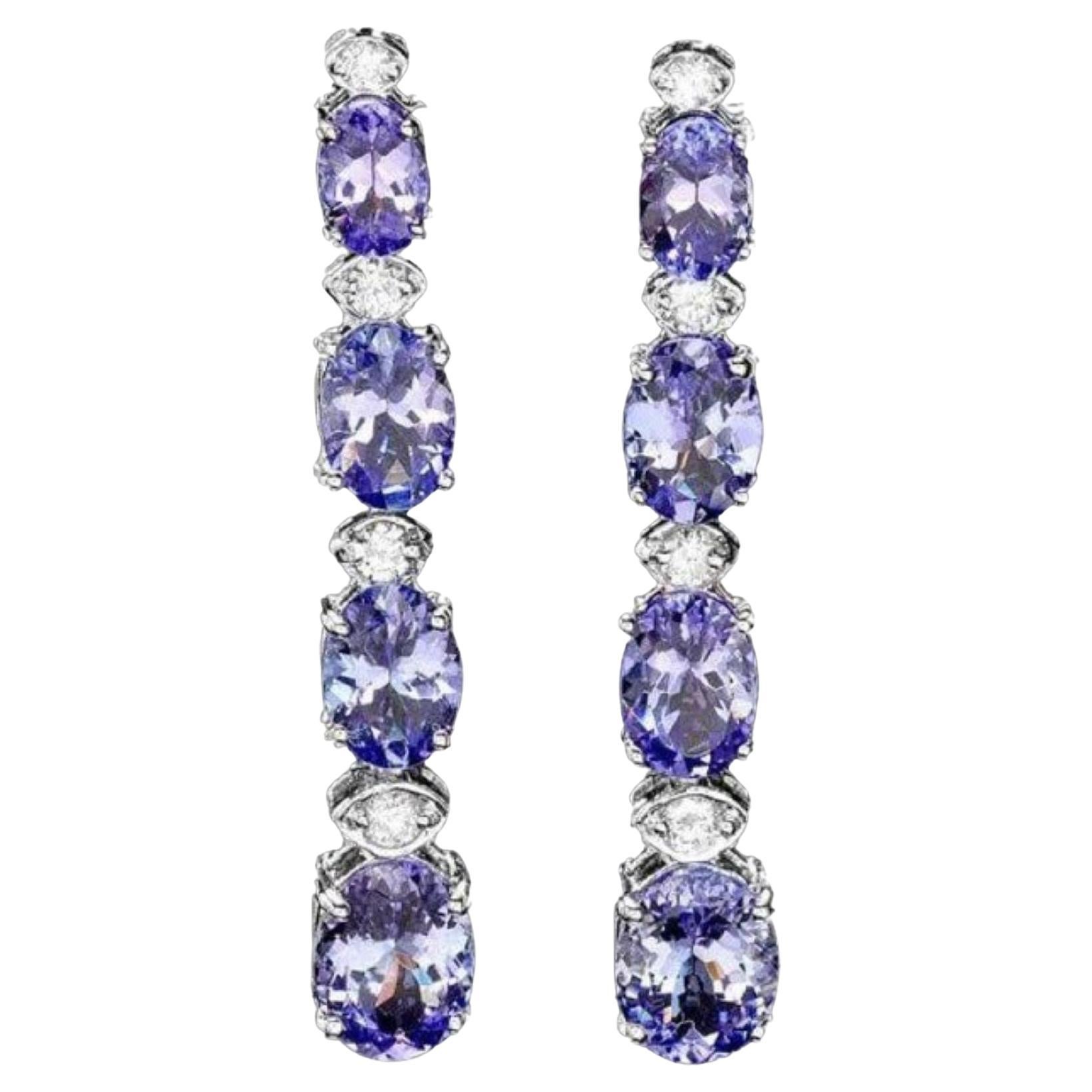 7.30ct Natural Tanzanite and Diamond 14K Solid White Gold Earrings