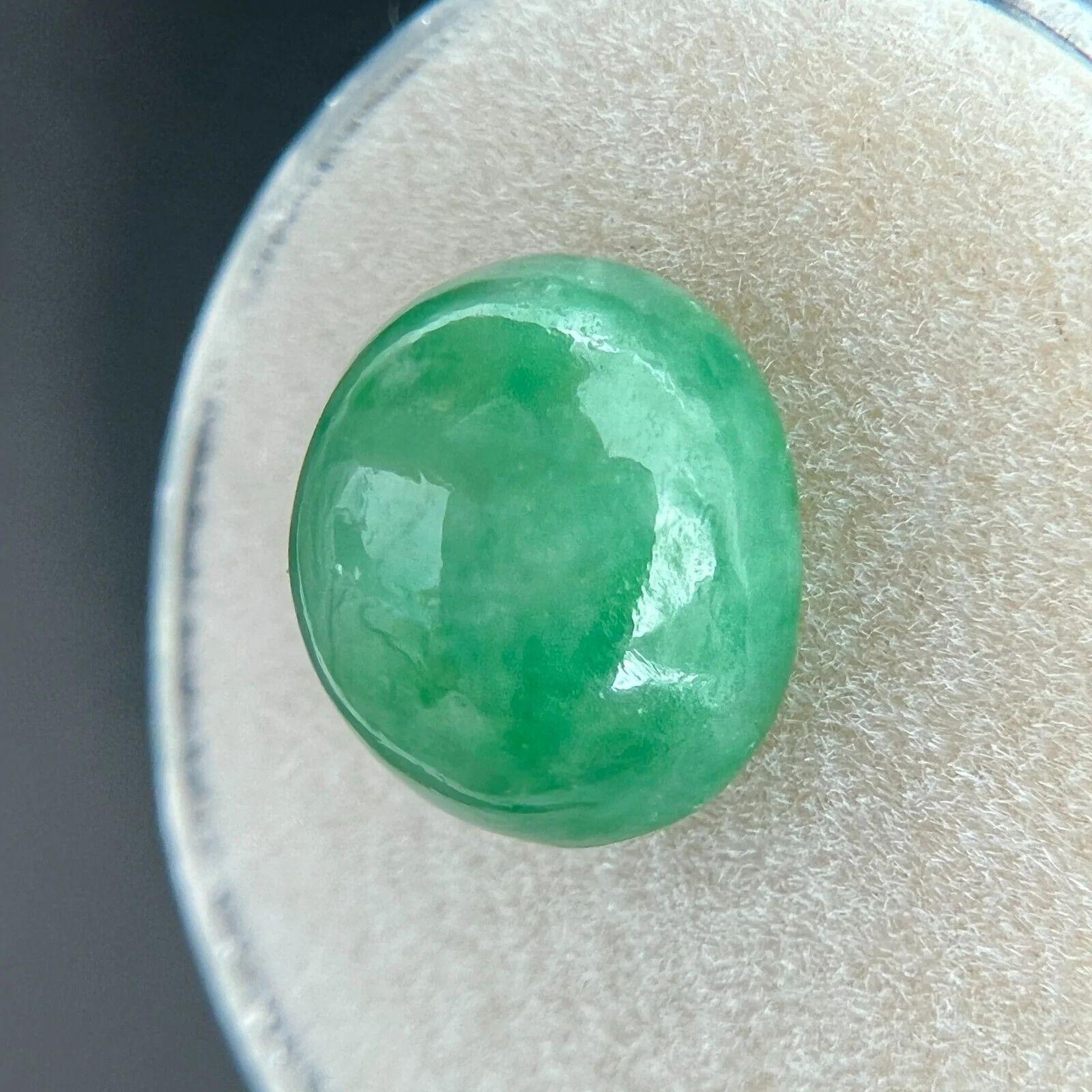 7.30ct Rare Jadeite Jade IGI Certified ‘A’ Grade Green Oval Cabochon Blister Gem

IGI Certified Untreated A Grade Jadeite Gemstone.
7.30 Carat with an excellent oval cabochon cut. Fully certified by IGI in Antwerp, one of their best and most well