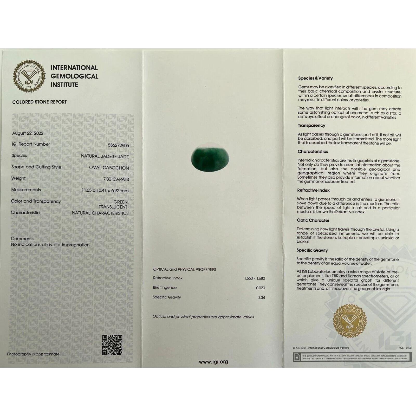7.30ct Rare Jadeite Jade IGI Certified ‘A’ Grade Green Oval Cabochon Blister Gem In New Condition For Sale In Birmingham, GB