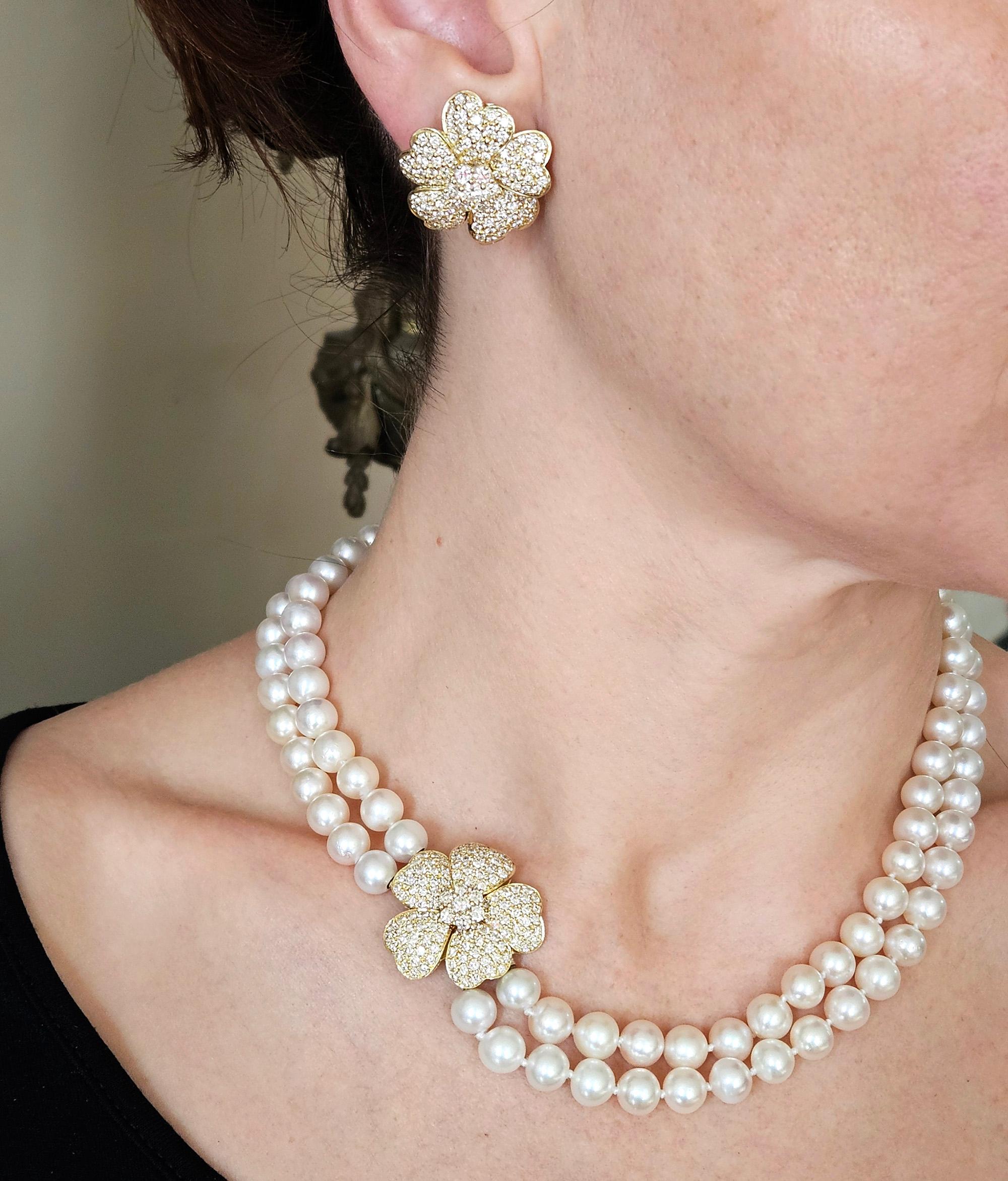 7.30ctw Diamond Convertible Fine Akoya Pearl 18K Gold Suite Necklace Earrings In Good Condition For Sale In New York, NY