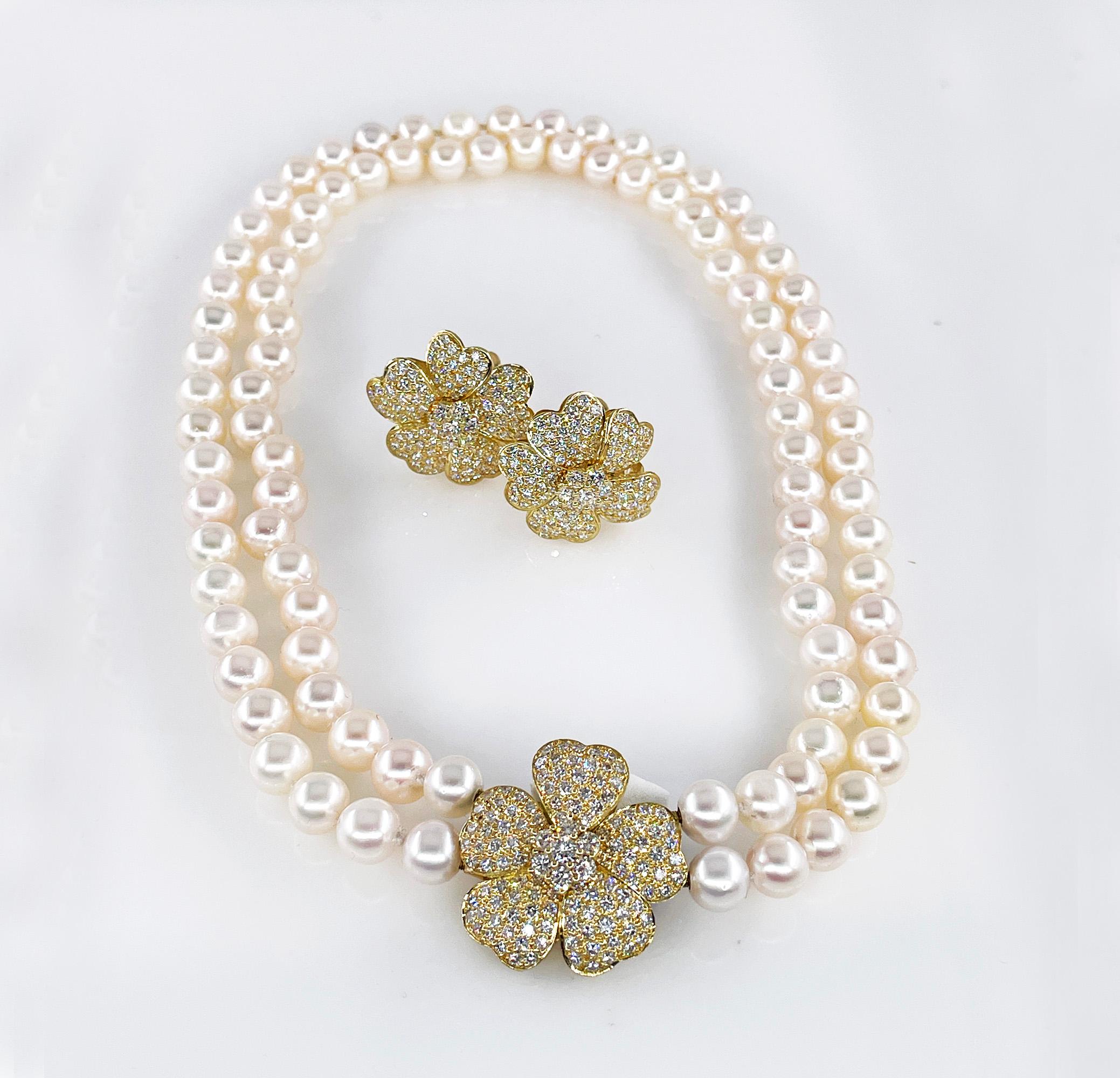 7.30ctw Diamond Convertible Fine Akoya Pearl 18K Gold Suite Necklace Earrings For Sale 1