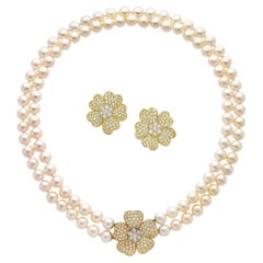 7.30ctw Diamond Convertible Fine Akoya Pearl 18K Gold Suite Necklace Earrings