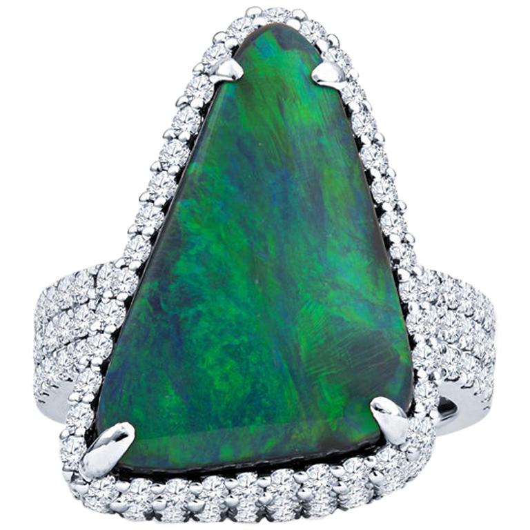 7.31 Carat Australian Opal with 2.0 Carat in Round Cut Diamonds Set in Platinum