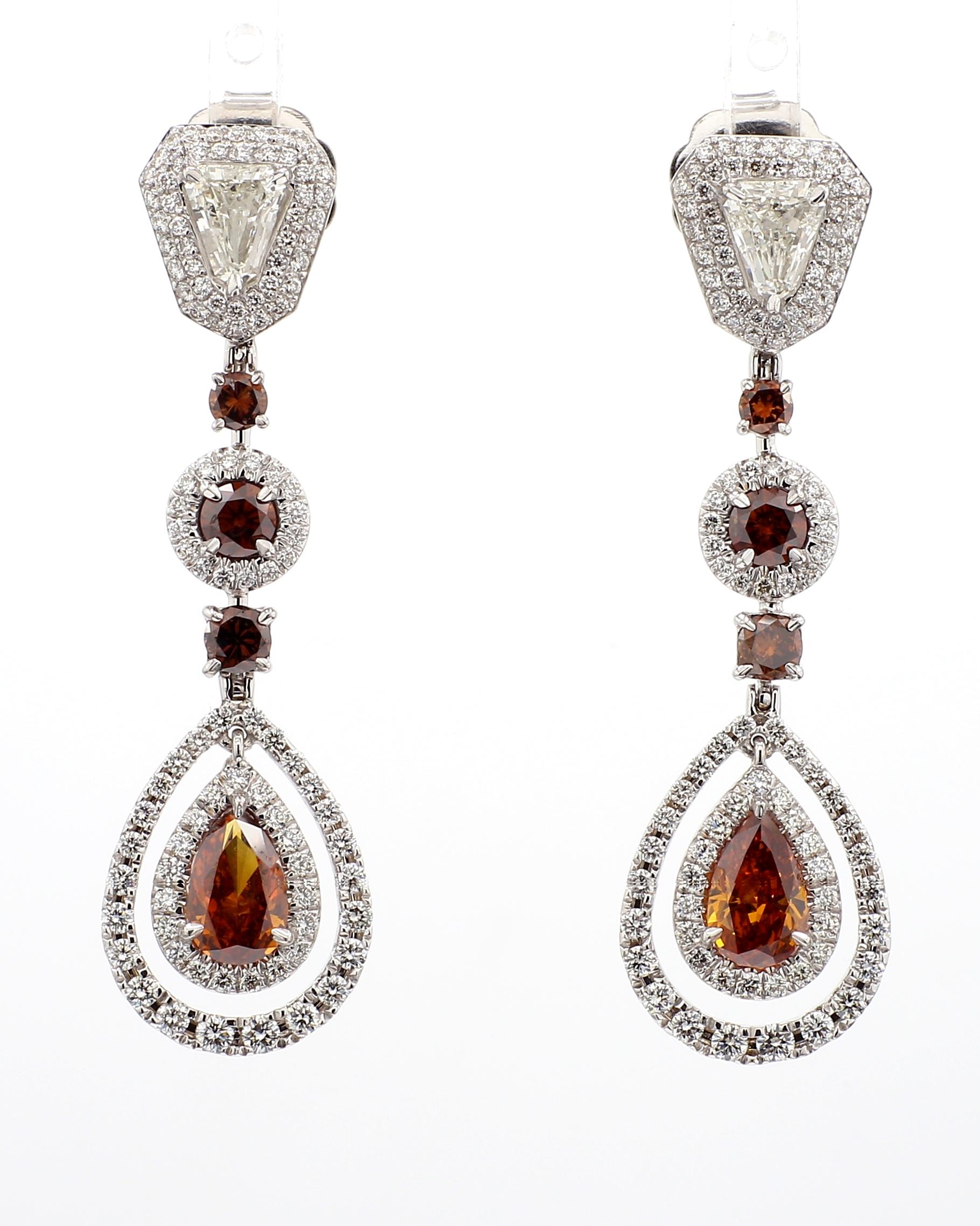 7.31 Carat Brown And White Diamond Teardrop Earrings Set in 18K White Gold. In New Condition For Sale In New York, NY