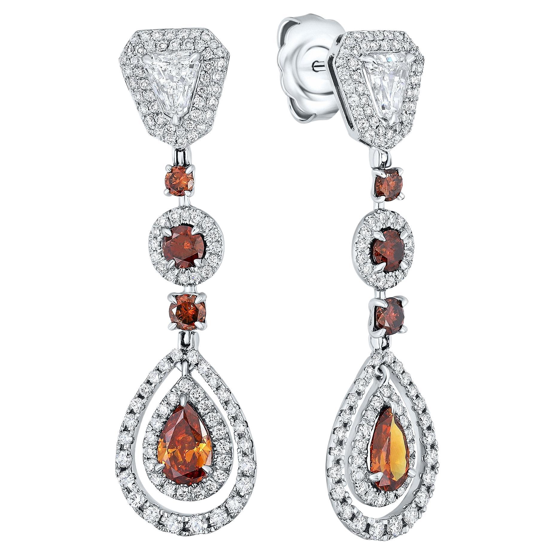 7.31 Carat Brown And White Diamond Teardrop Earrings Set in 18K White Gold. For Sale